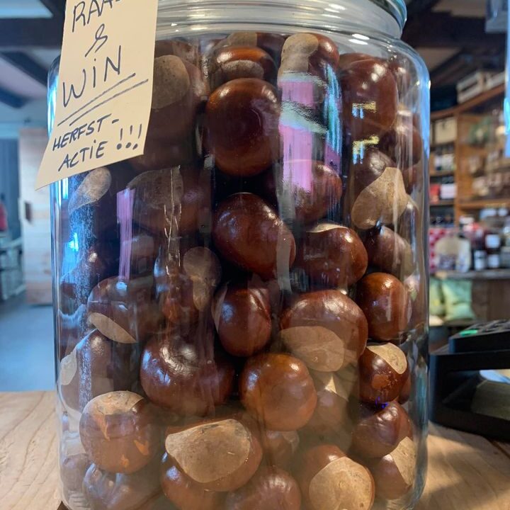 Onze ‘Raad & Win’ actie is razend populair en er wordt veel gereageerd! Super leuk 🤩!En niet alleen via FB, maar ook in de winkel. De gevulde glazen pot staat op de balie, naast de kassa. De meeste klanten zeggen dat de pot in het echt véél groter is , dan op de foto hieronder…. Vraag was ook wat er te winnen is? Nou , een mooi en royaal cadeau pakket met lekkere en bijzondere producten 👌!Kom naar de winkel en bekijk de pot nauwkeurig en raad het juiste aantal kastanjes in de pot .Actie loopt te zaterdag 28 oktober.Bij de Landkruidenier